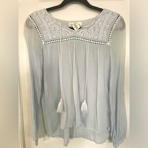 Pale Blue Cotton & White Embroidered Boho Top Size 4
